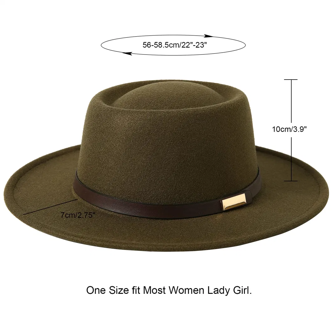Women Vintage Wide Brim Warm Wool Fedora Hat Belt Panama Hat